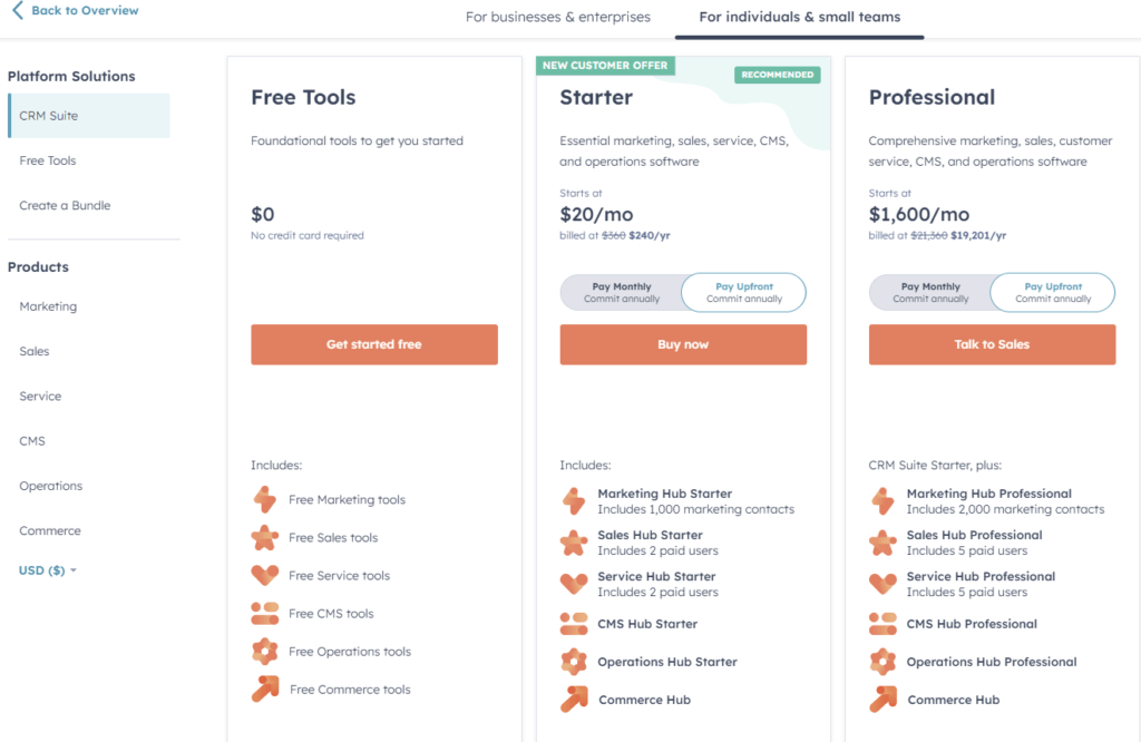 HubSpot for Startups: Pricing and Plans